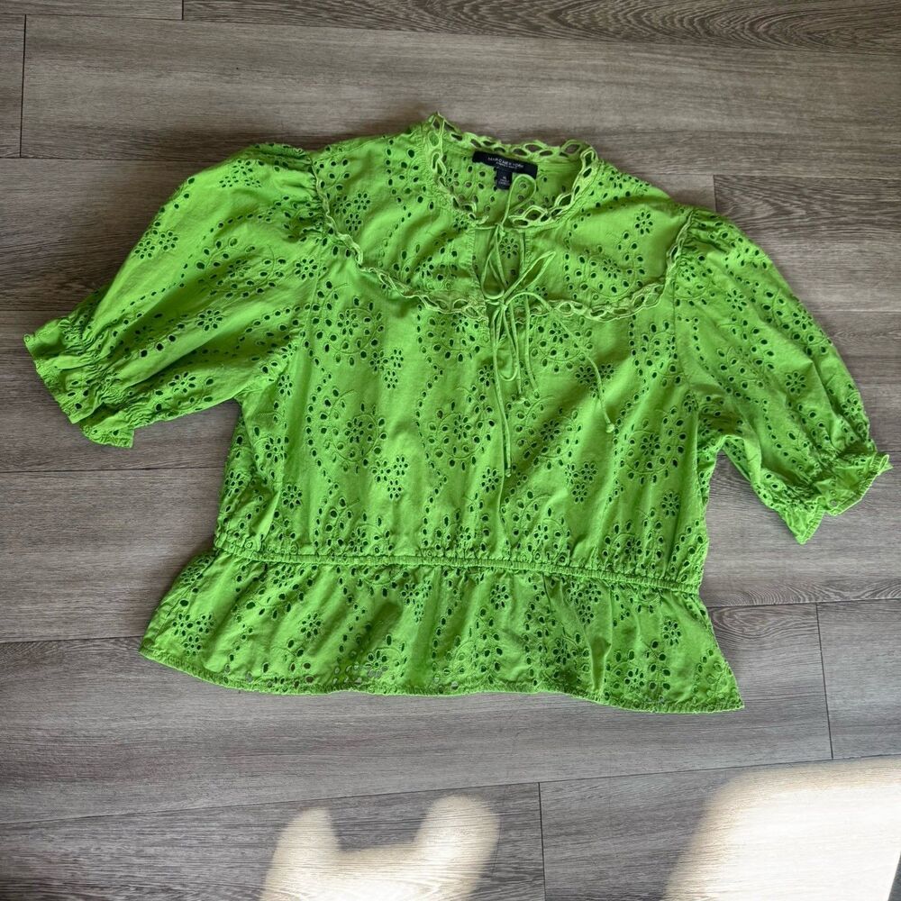 Marc New York 100% Cotton Sz XL Eyelet Boho Fairycore Romantic Blouse Lime Green - Picture 3 of 16
